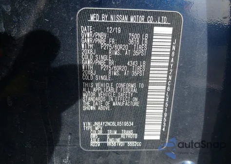 2020 Nissan Armada Sl 4Wd z USA, uszkodzony, nr VIN JN8AY2NC6LX519534